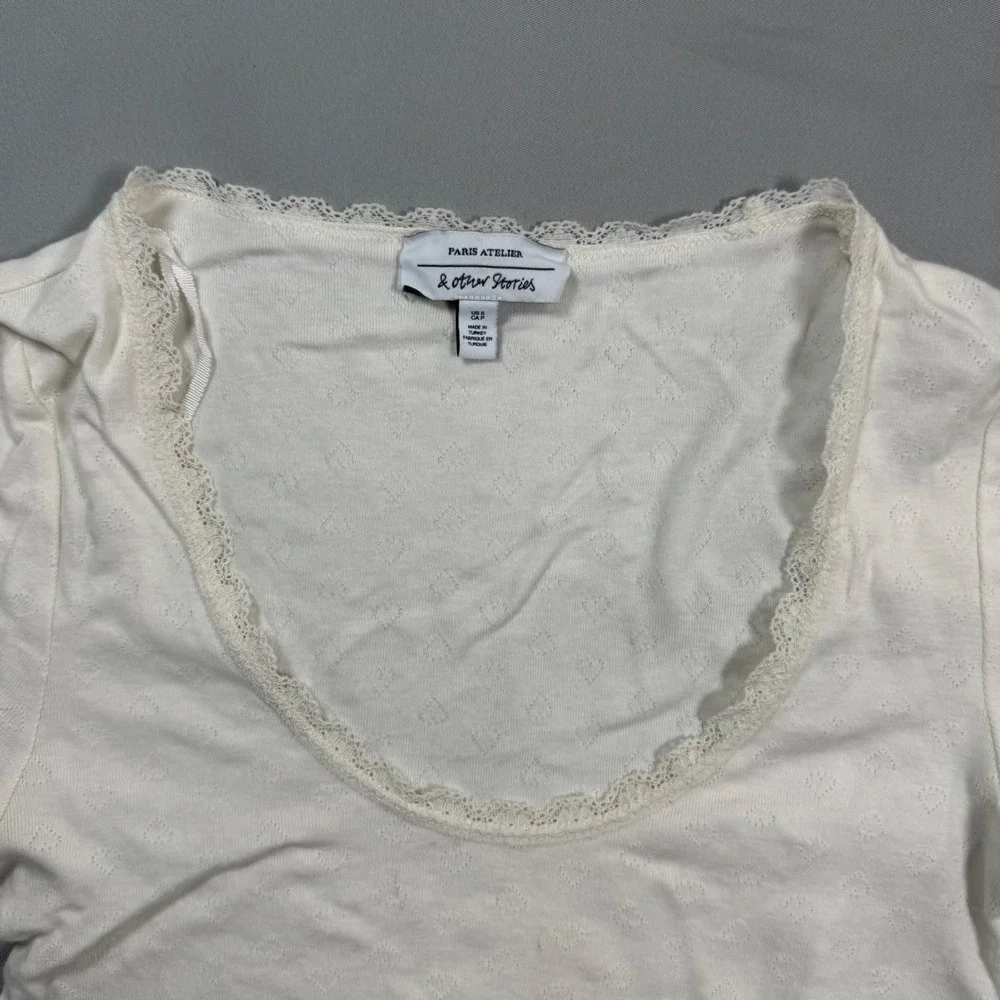 & Other Stories Paris Atelier White Heart Lace Trim Scoop Neck Top S Romantic
